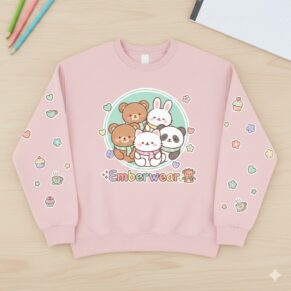 Áo Sweater Nỉ Emberwear "Kawaii Friends" – Sắc Hồng Ngọt Ngào